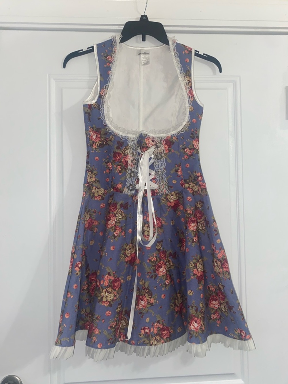 Blue Floral Lace-Up Dirndl Dress with White Trim